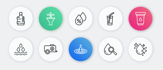 Set line Water drop, filter cartridge, Drop and magnifying glass, Glass with water, percentage, and Mobile tank icon. Vector