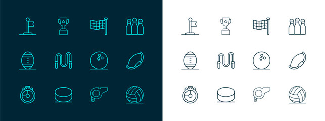 Set line Bowling pin, Hockey puck, ball, Whistle, Jump rope, Checkered flag, Flag and Award cup icon. Vector