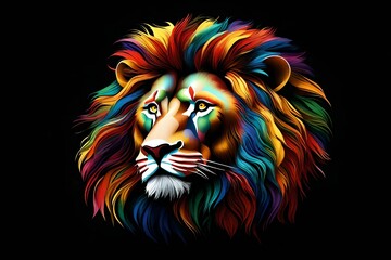 A multicolored lion's head on a black background. Generative AI
