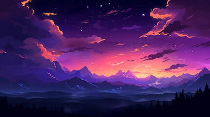 clouds sky mountains sunset and starfall, magical purple sky, orange light over the horizon