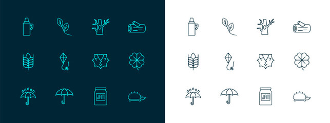 Set line Wooden log, Umbrella, Chestnut, Jam jar, Kite, Bare tree, Thermos container and Leaf icon. Vector