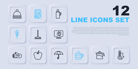 Set line Teapot, Thermometer, Garden rake, Cup of tea, Leaf, Apple, Pickled cucumbers in jar and Umbrella icon. Vector
