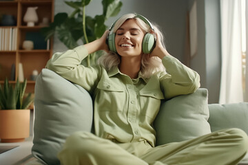 Fototapeta premium A woman, wearing headphones, in a yellow outfit is sitting on a sofa in the living room while listening to music on the peaceful morning and looking at the view outside the window. Generative AI..