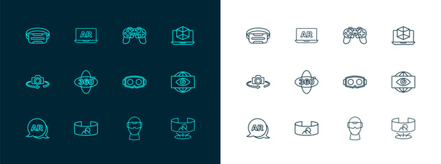 Set line 3d modeling, 360 degree view, Virtual reality glasses, Gamepad, and Augmented AR icon. Vector