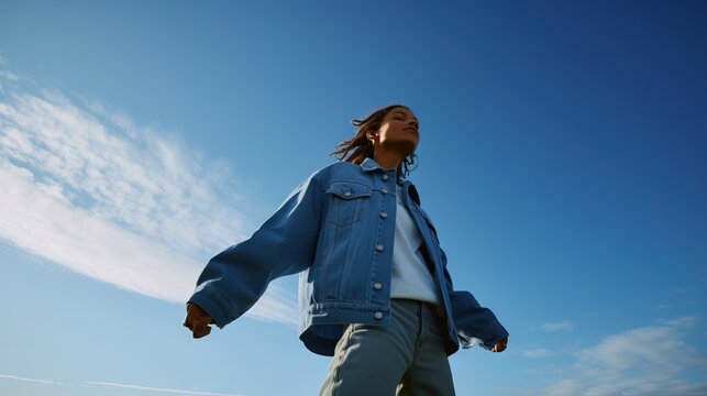 Asian female model Wear a jeans jacket in a cool style. Outdoors. Blue sky.