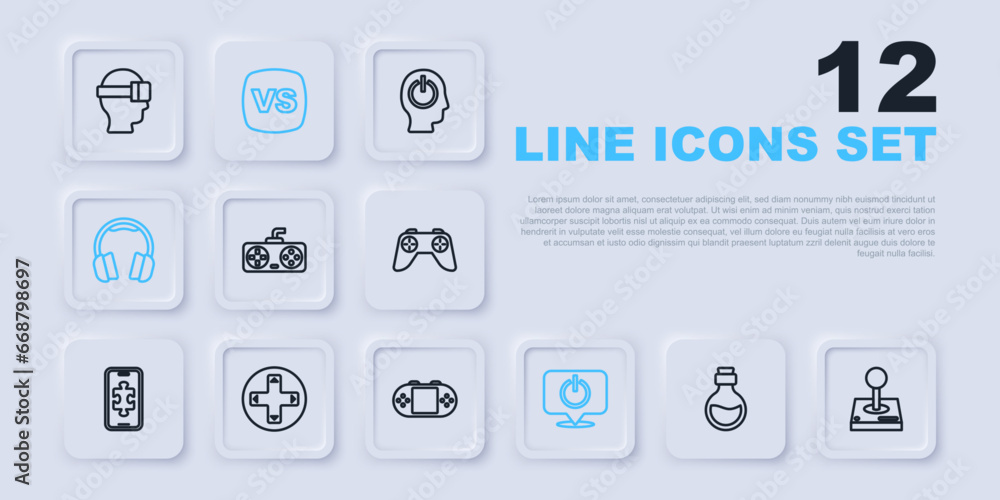 Poster set line bottle with magic elixir, joystick for arcade machine, game controller joystick, power butt