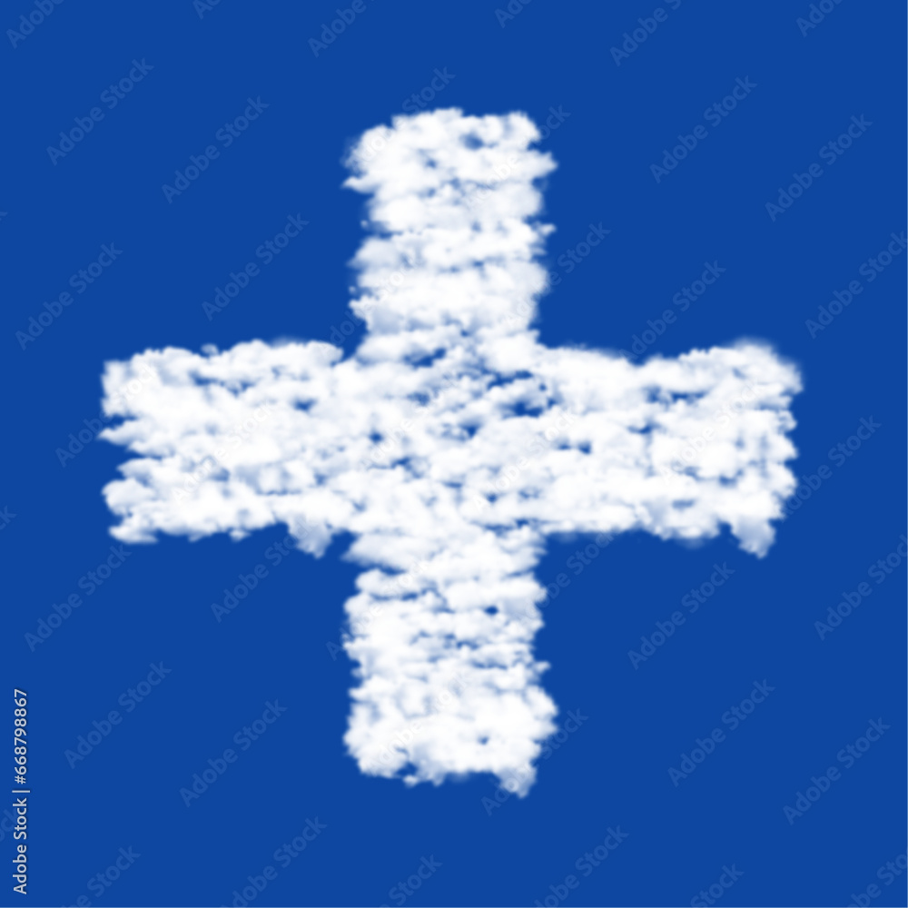 Aufkleber clouds in the shape of a plus symbol on a blue sky background. a symbol consisting of clouds in the 