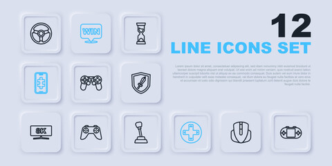 Set line Computer mouse, Portable video game console, Game controller joystick, Mobile gaming, Medal and Gear shifter icon. Vector