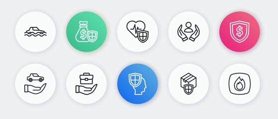 Set line Life insurance with shield, Shield dollar, Car, Delivery security, Fire flame and Hand holding briefcase icon. Vector
