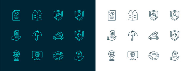 Set line Life insurance with shield, Location, Car, Education grant, Umbrella, House, Marriage contract and jacket icon. Vector