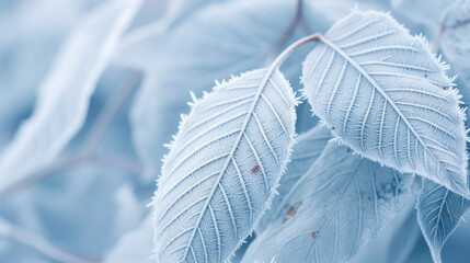 Capture the beauty of winter with a closeup view of frozen leaves, making it a perfect winter background for various concepts. - obrazy, fototapety, plakaty