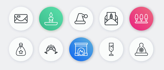 Set line Interior fireplace, Christmas lights, Santa Claus bag gift, Glass of champagne, Envelope, hat, and icon. Vector