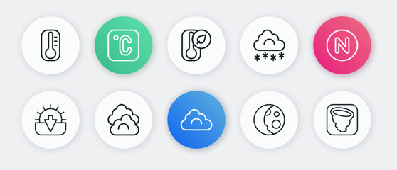 Set line Cloud, Compass north, Sunset, Moon phases, with snow, Thermometer, Tornado and icon. Vector