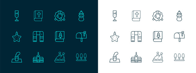 Set line Santa Claus hat and beard, Church building, Christmas book, Roasted turkey or chicken, Winter scarf, wreath, Glass of champagne and Holy bible icon. Vector