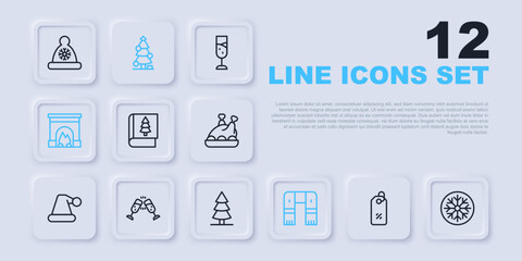 Set line Discount percent tag, Snowflake, Christmas book, Winter scarf, Interior fireplace, Glass of champagne, tree and icon. Vector