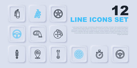 Set line Stopwatch, Racing steering wheel, Car mirror, Alloy for car, helmet, track and Wrench spanner icon. Vector