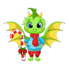 Fototapeta premium Striped Christmas Candy Cane and Festive Green Cartoon Dragon