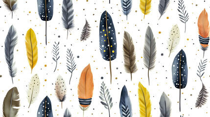 Seamless pattern with watercolor striped and polka dots feathers. Feather of a pheasant, owl and other birds on white background