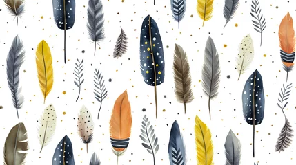 Papier Peint photo autocollant Dessins animés de hibou Seamless pattern with watercolor striped and polka dots feathers. Feather of a pheasant, owl and other birds on white background