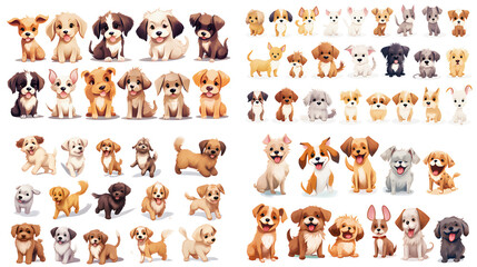 Watercolor style of elements of dogs of various breeds in cute poses