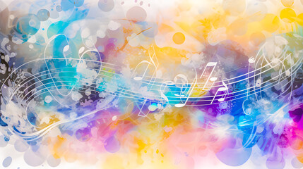 Watercolor style of colorful musical notes in musical abstract background.