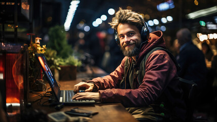 Bearded freelancer working on a laptop at an outdoor cafe during the evening, surrounded by city lights.