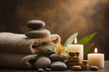 Fototapeta na wymiar Tranquil Spa Ambience with Towels, Candles, Lotus Flowers, and Beach Stones