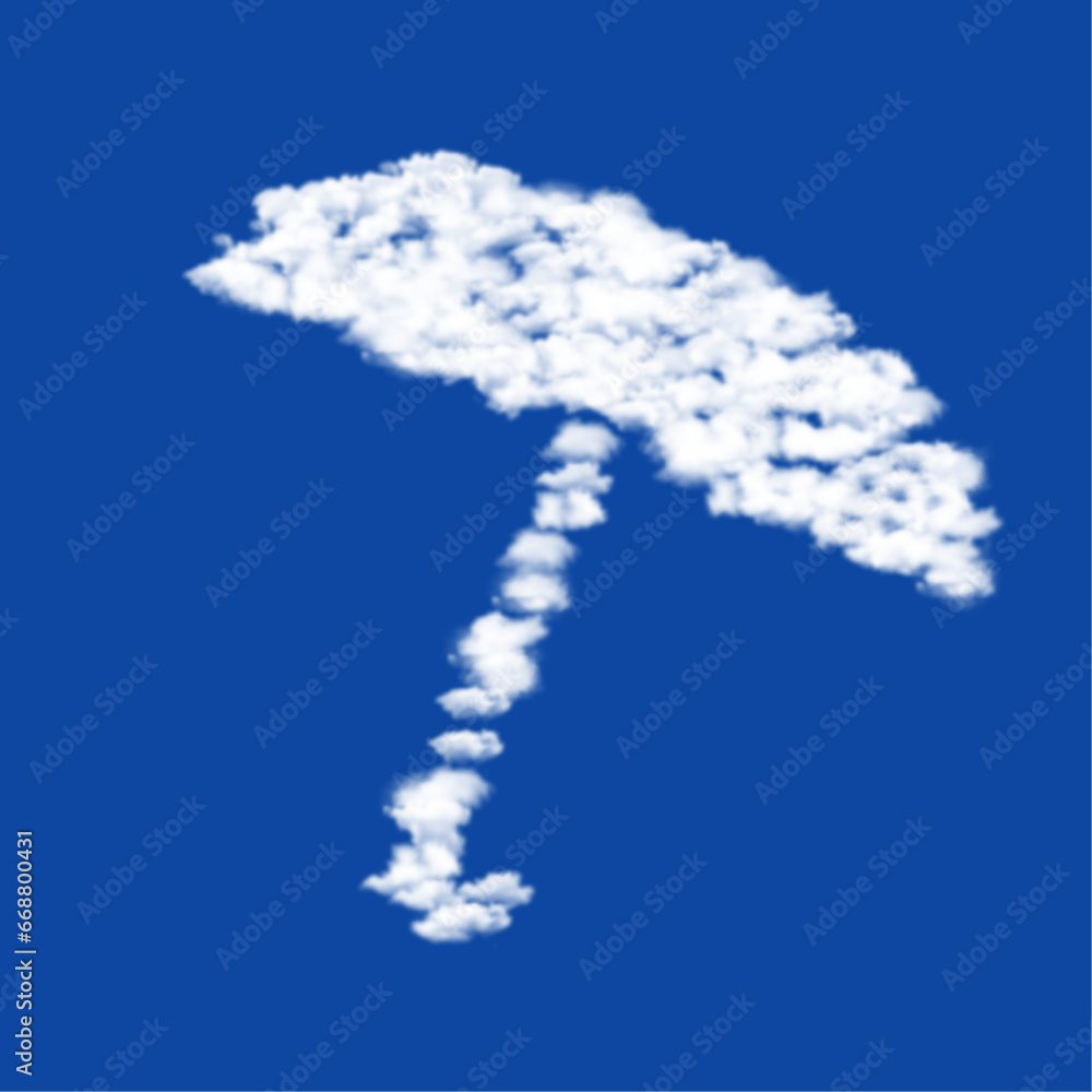 Poster clouds in the shape of a umbrella symbol on a blue sky background. a symbol consisting of clouds in 