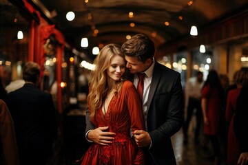 Obraz premium young wedding couple hugging on the avenue, valentine's day