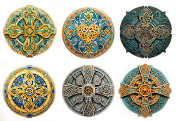 Set of 6 round, colorful, and detailed Celtic knot cross and heart mandalas. Isolated on white background.
. - obrazy, fototapety, plakaty