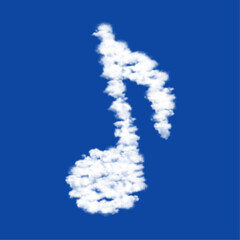 Clouds in the shape of a musical note symbol on a blue sky background. A symbol consisting of clouds in the center. Vector illustration on blue background