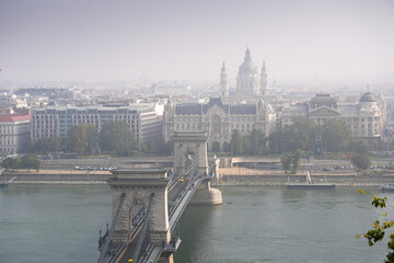 Bridge over Danube river in Budapest. Aerial view from above over Budapest landmark Szechenyi Chain Bridge. Travel to Hungary. 