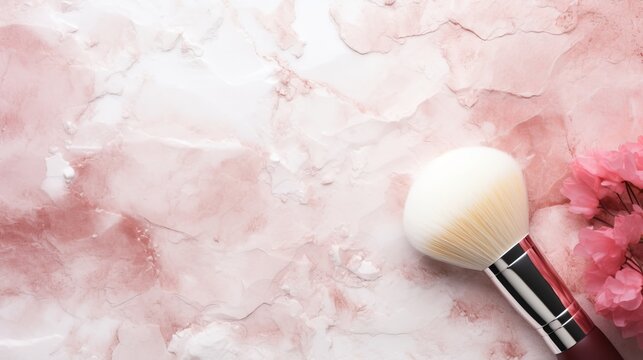 brush with blush on marble background.