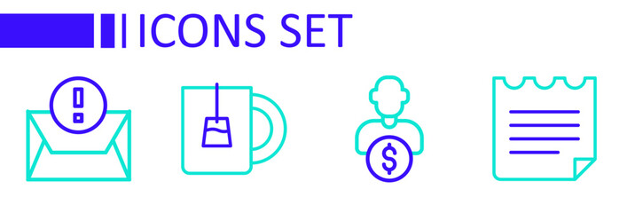Set line Notebook, Business investor, Cup of tea and Envelope icon. Vector