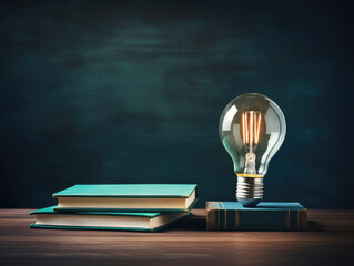 Books, a glowing bulb, and a blurred chalkboard. This image captures the ambiance of academic study...