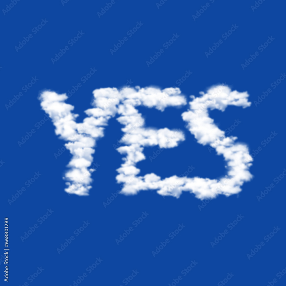 Poster clouds in the shape of a yes symbol on a blue sky background. a symbol consisting of clouds in the c