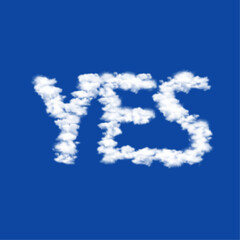 Clouds in the shape of a yes symbol on a blue sky background. A symbol consisting of clouds in the center. Vector illustration on blue background