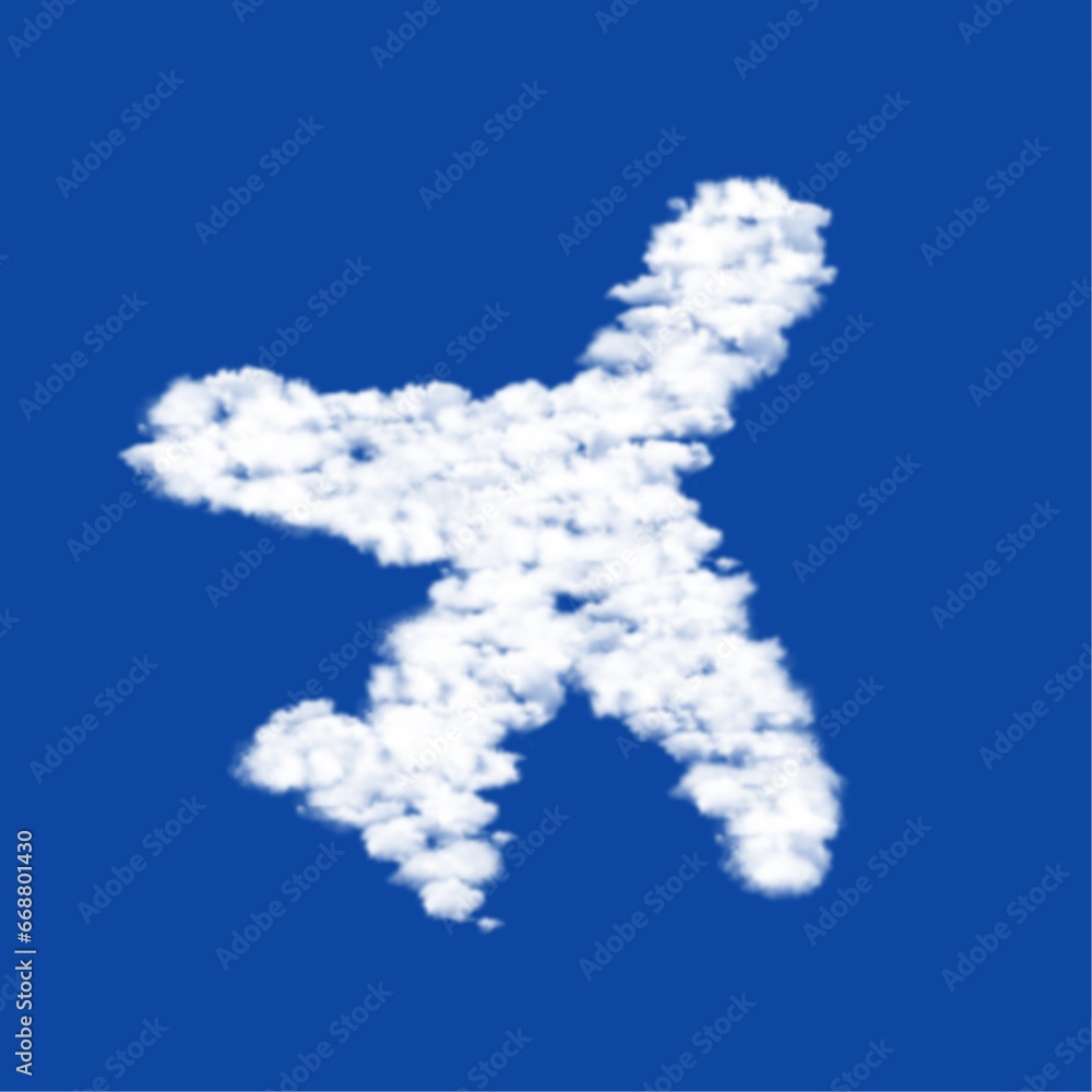 Poster clouds in the shape of a plane symbol on a blue sky background. a symbol consisting of clouds in the