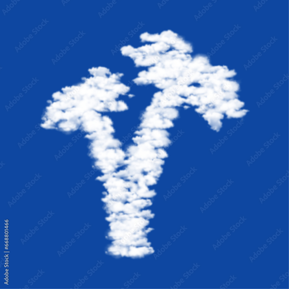 Poster clouds in the shape of a palm trees symbol on a blue sky background. a symbol consisting of clouds i