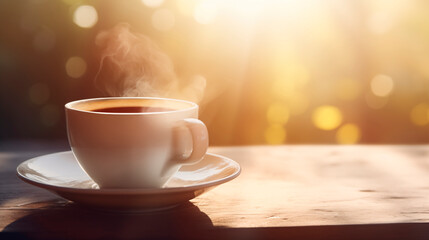 Obraz premium Cup of coffee on a wooden table on a sunny autumn day. A fragrant, invigorating, hot drink. A cup on a saucer against a background of blurred nature. Morning coffee