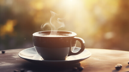 Fototapeta premium Cup of coffee on a wooden table on a sunny autumn day. A fragrant, invigorating, hot drink. A cup on a saucer against a background of blurred nature. Morning coffee