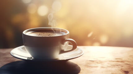 Fototapeta premium Cup of coffee on a wooden table on a sunny autumn day. A fragrant, invigorating, hot drink. A cup on a saucer against a background of blurred nature. Morning coffee