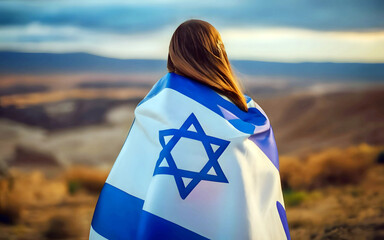 A woman wrapped in Israel flag standing with her back outdoor on nature background