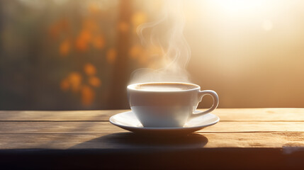 Cup of coffee on a wooden table on a sunny autumn day. A fragrant, invigorating, hot drink. A cup on a saucer against a background of blurred nature. Morning coffee