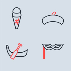 Set line French beret, Gondola boat, Carnival mask and Ice cream in waffle icon. Vector