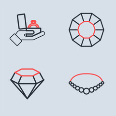 Set line Diamond, Pearl necklace and engagement ring in box icon. Vector