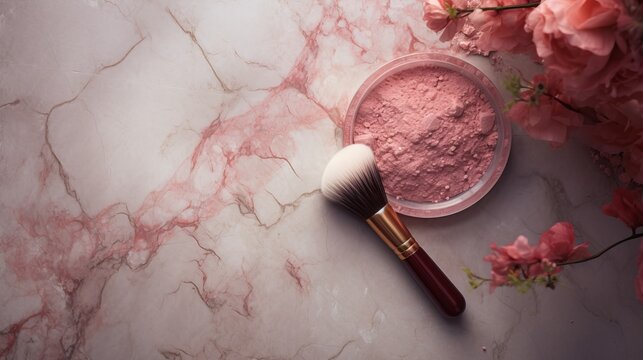 brush with blush on marble background.