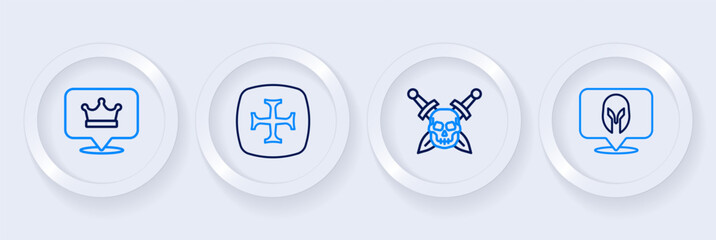 Set line Medieval helmet, Skull with sword, Crusade and King crown icon. Vector