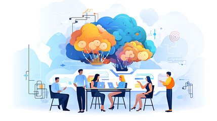 /imagine prompt:creative agency business brain storm meeting presentation young people team discussing roadmap, planning to success concept illustration