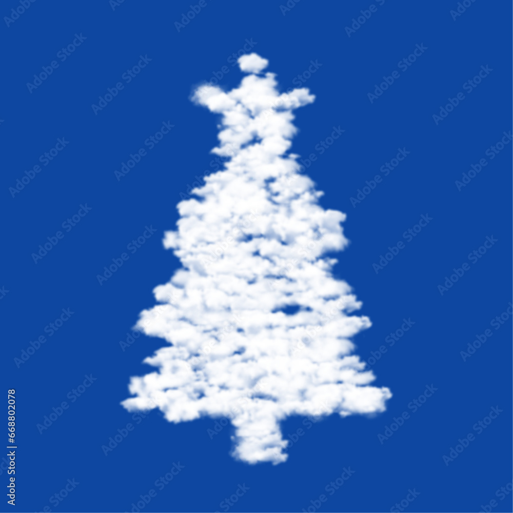 Poster clouds in the shape of a christmas tree on a blue sky background. a symbol consisting of clouds in t